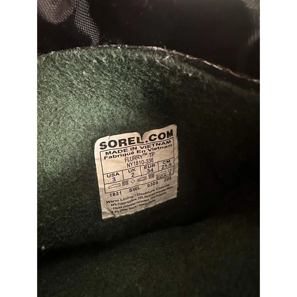 SOREL Flurry Kids Youth Snow Boots Size 3 Waterproof Black Olive Green